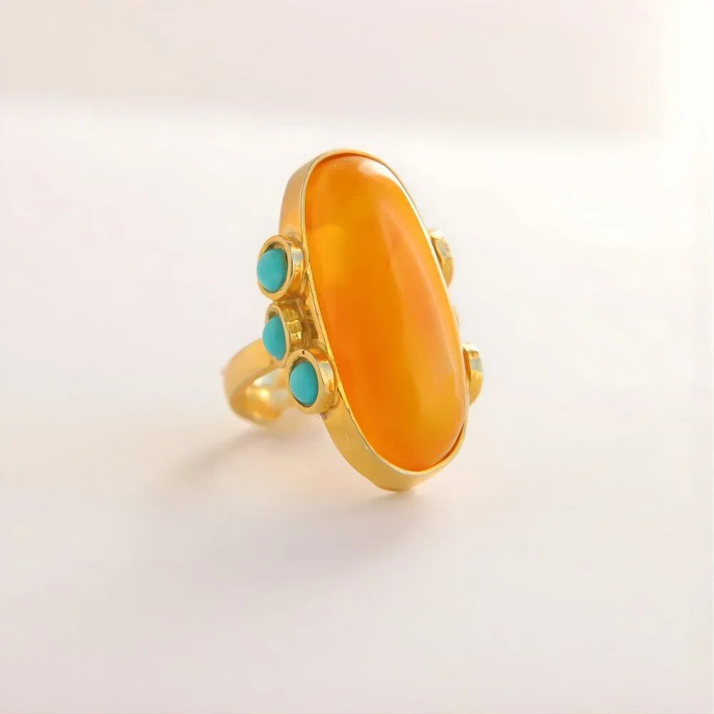 Baltic Amber and Turquoise Gold Ring- 14k Gold Plated Sterling Silver - Picture 2 of 9